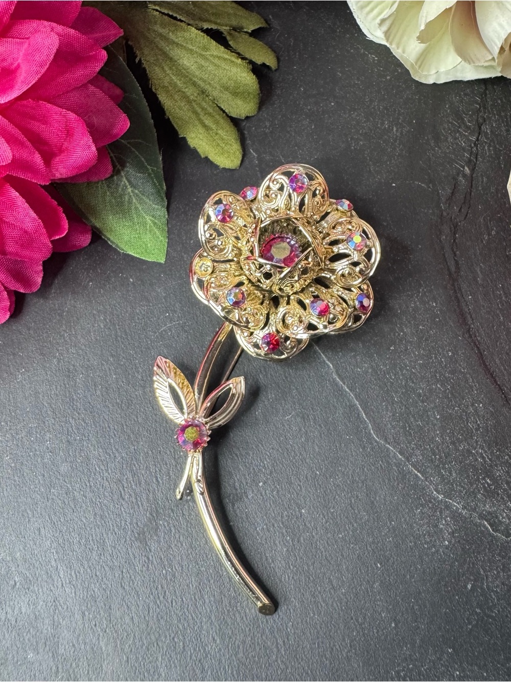 Sarah Coventry Posh Gold Floral Brooch with Pink and Iridescent Crystals